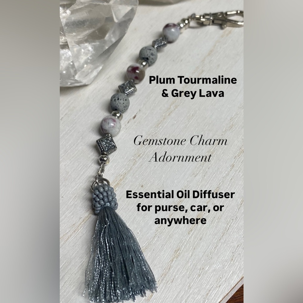2/$30 Gemstone Bag Charm or Accessory- Plum Tourmaline and Grey Lava - Handmade